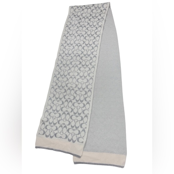 Coach Signature Logo Knit Scarf Silver Metallic Gray Monogram - Picture 1 of 4